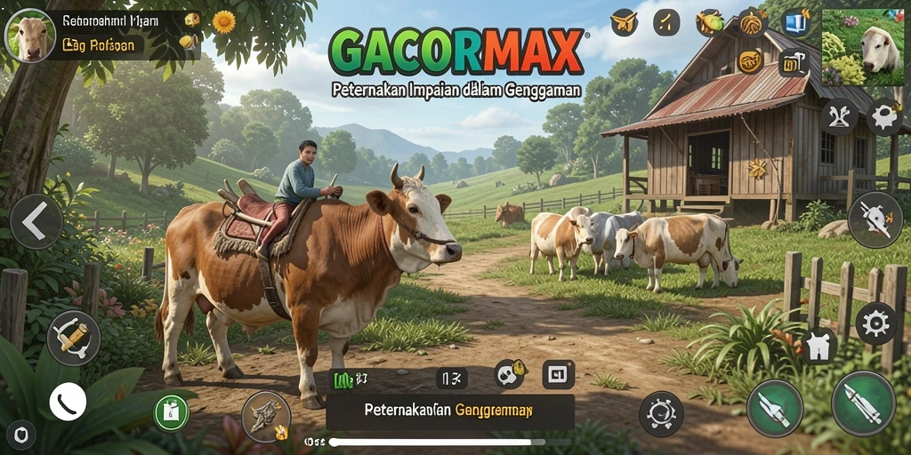 Tampilan gameplay GACORMAX dengan berbagai aktivitas pertanian.