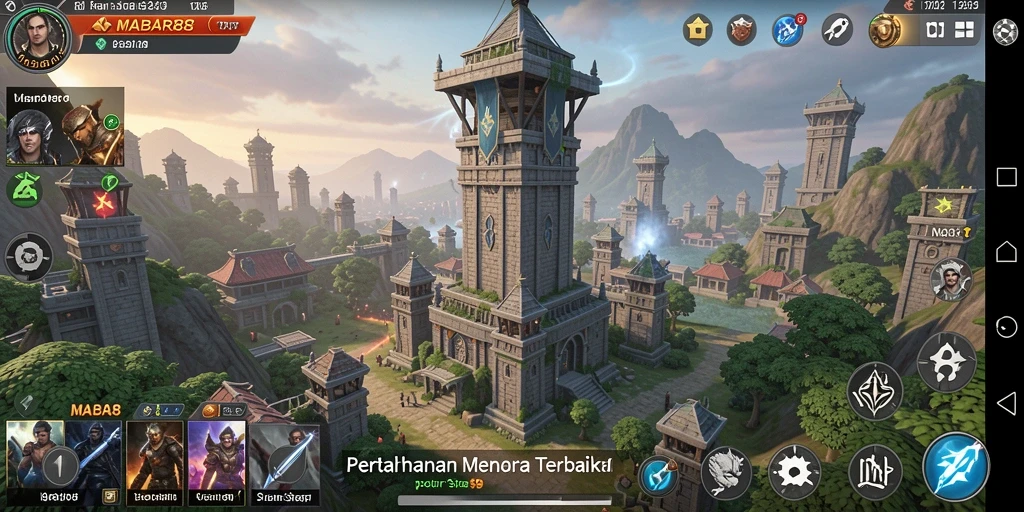 Screenshot gameplay MABAR88 menampilkan pertahanan menara melawan serangan musuh.