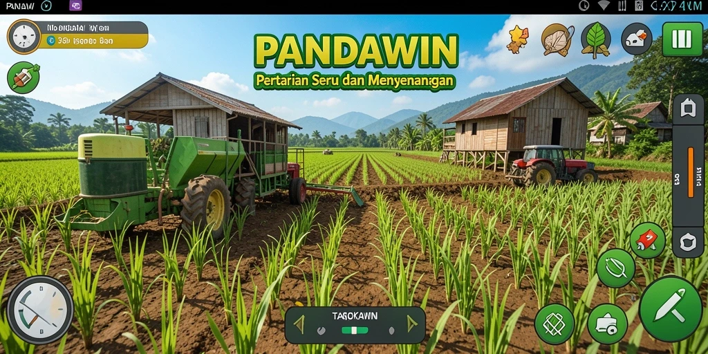 Screenshot PANDAWIN menampilkan aktivitas bertani yang seru dan interaktif.