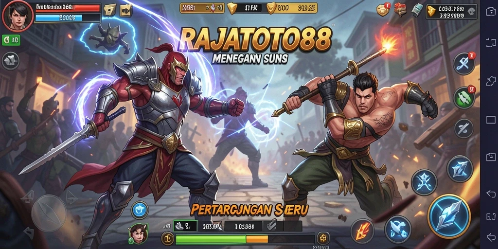 Screenshot gameplay RAJATOTO88 menunjukkan pertarungan seru dengan efek yang memukau.