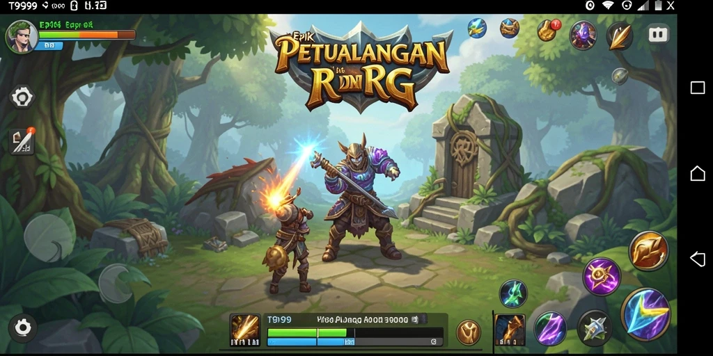 Screenshot T9999 menampilkan aksi pertarungan seru dalam RPG.